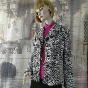 St. John Suit Sz 12 Black White Jacket Short Fringe Trm Skirt Black SJCollection